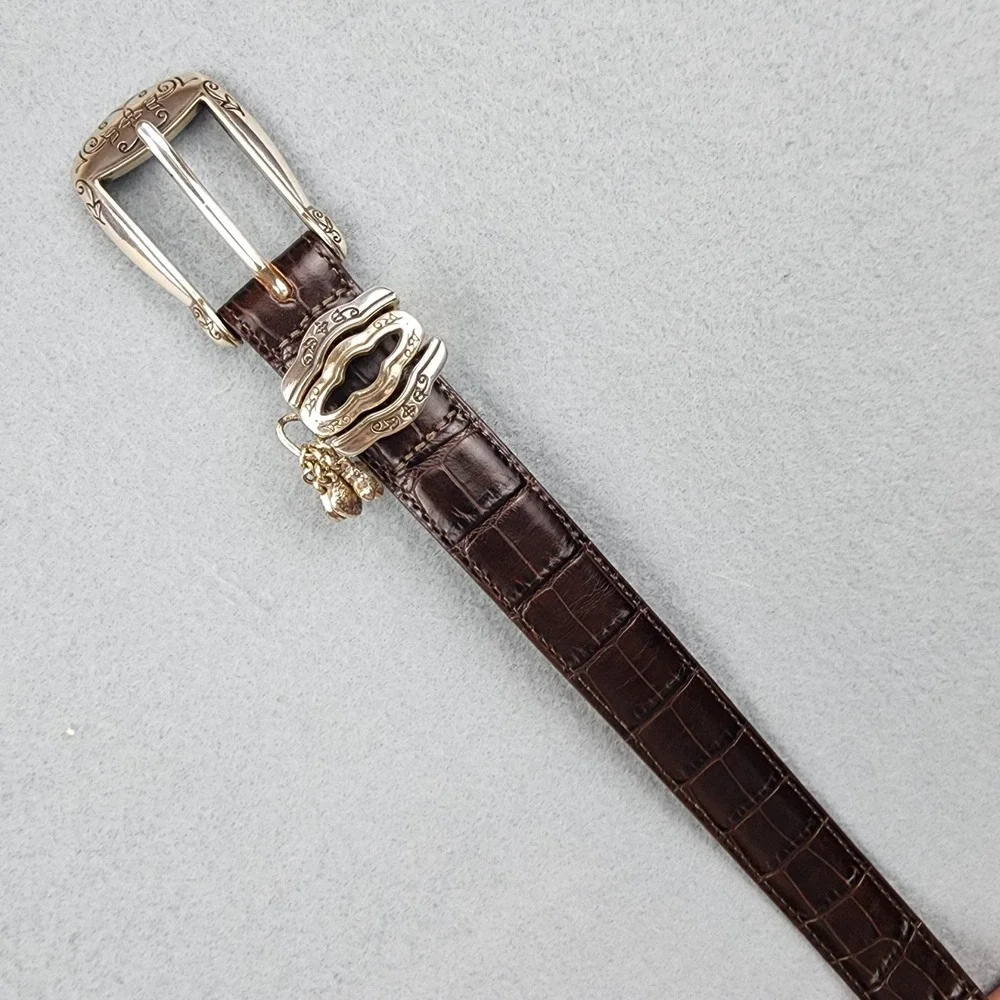Brighton Belt Womens Medium L 32 Brown Croc Embossed Leather Charm Silver Buckle - Picture 7 of 8